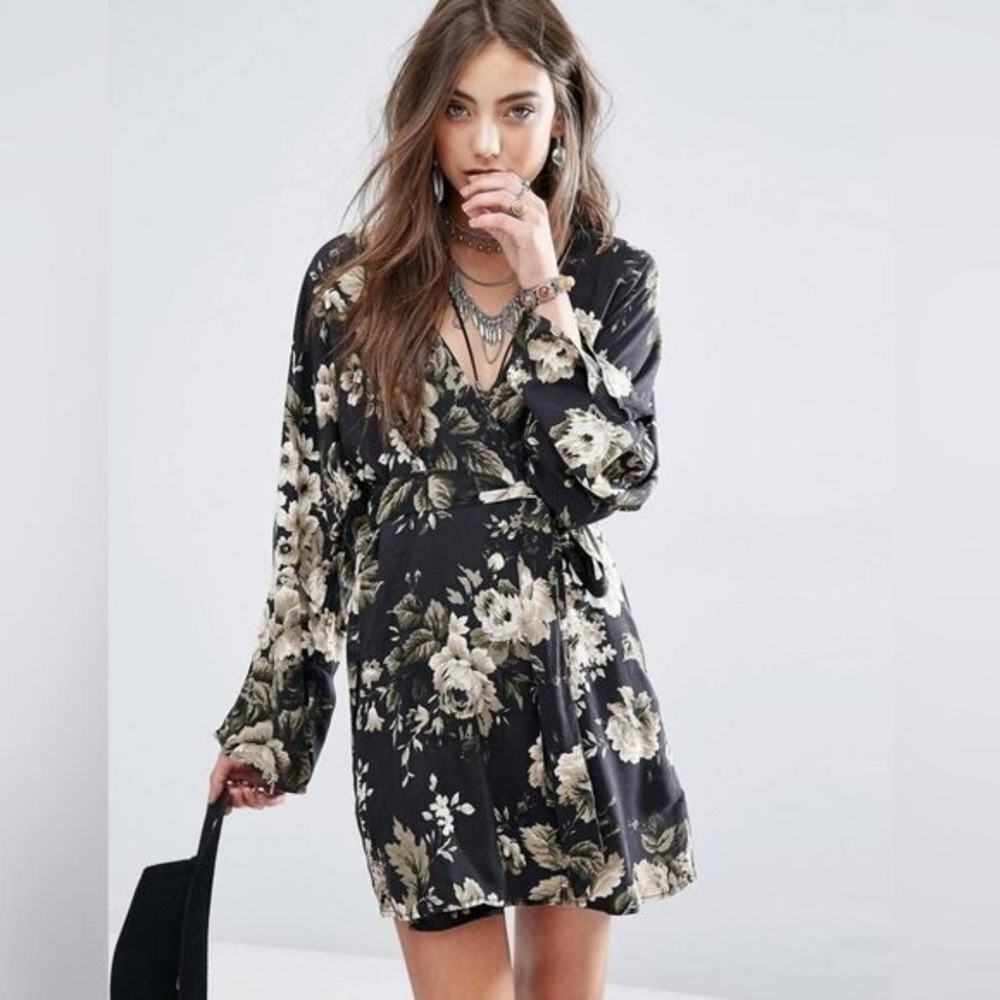 Denim & Supply Ralph Lauren Black Floral Wrap Dress Size M Long Sleeve Boho